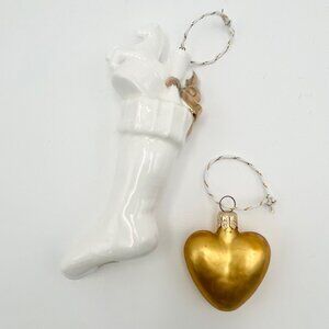 Department 56 Porcelain White & Gold Christmas Stocking +PLUS+ Gold Blown Glass